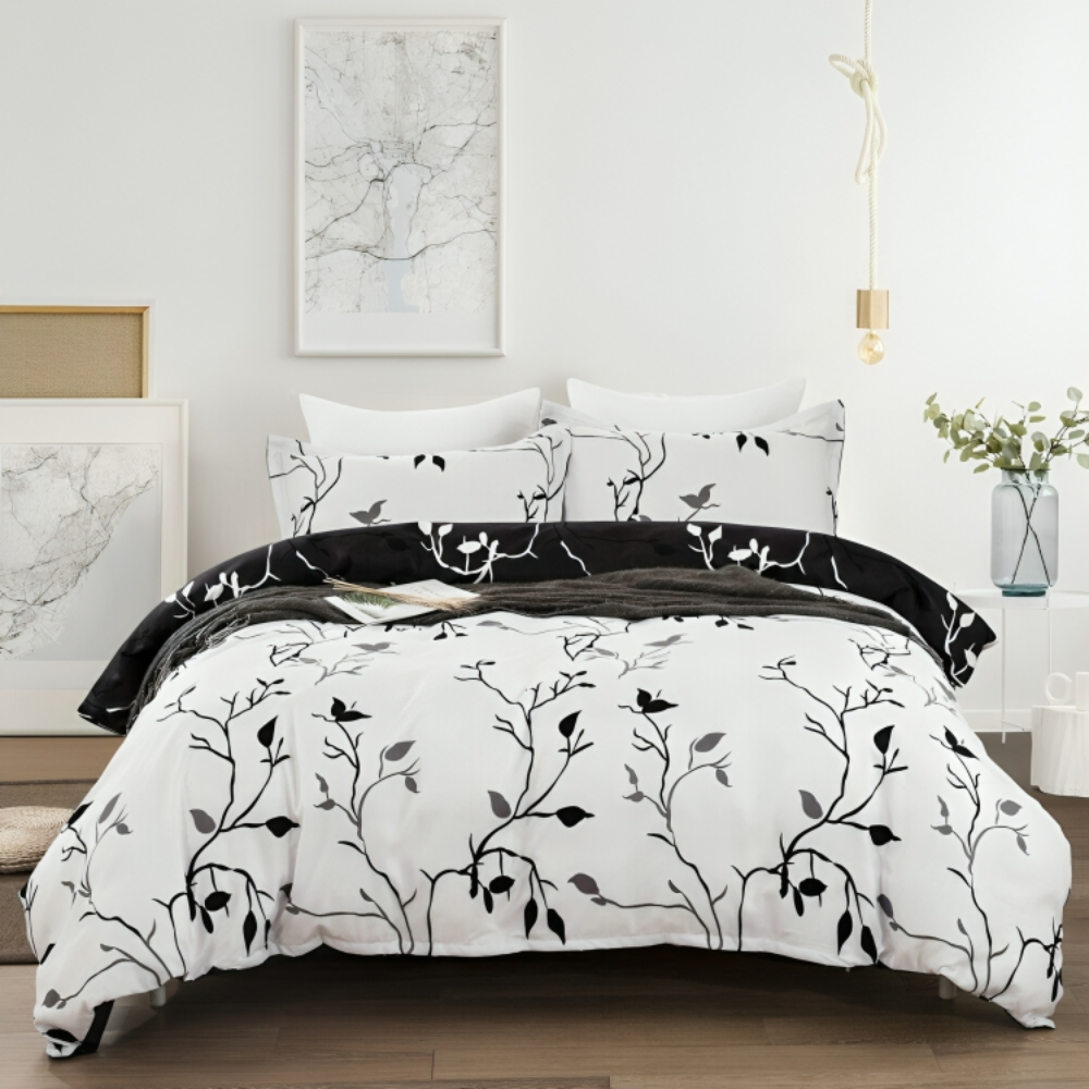 B&W Floral - 100% Pure Cotton Duvet Cover Set