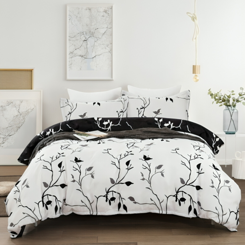 B&amp;W Floral - 100% Pure Cotton Duvet Cover Set