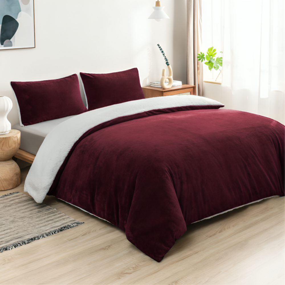 Sherpa Burgundy Teddy Fleece Duvet Cover Set