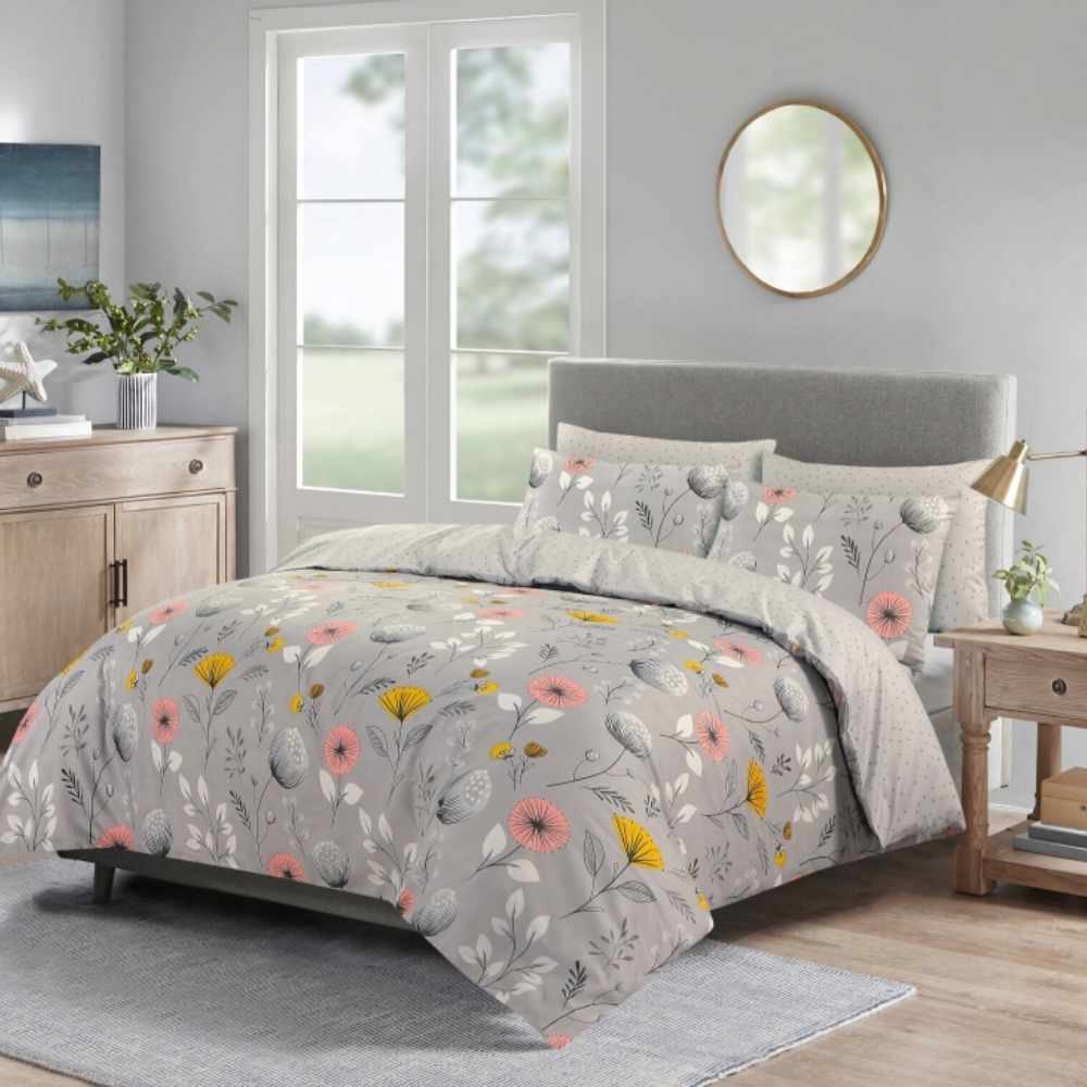 Grey Floral - 100% Pure Cotton Duvet Cover Set